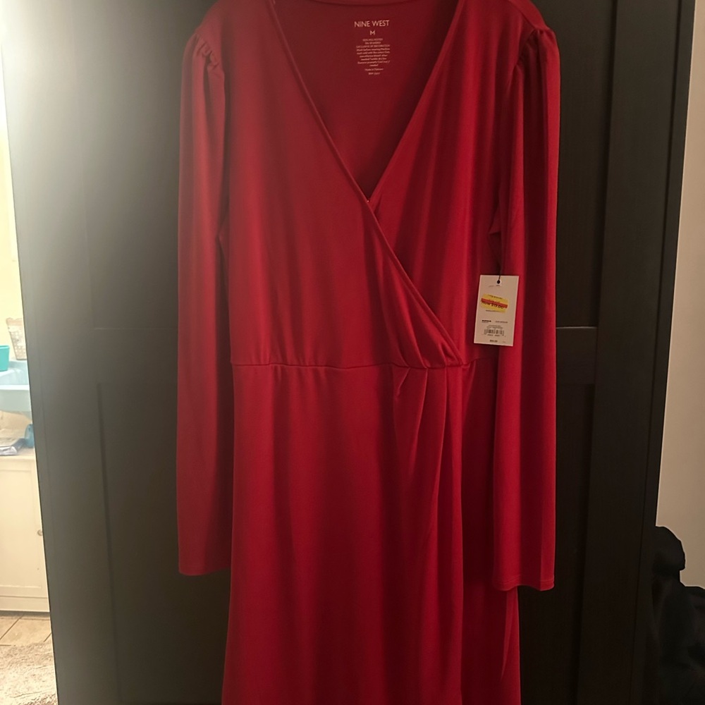 Nine West Vibrant Red Long Sleeve Wrap Dress - Picture 2 of 5